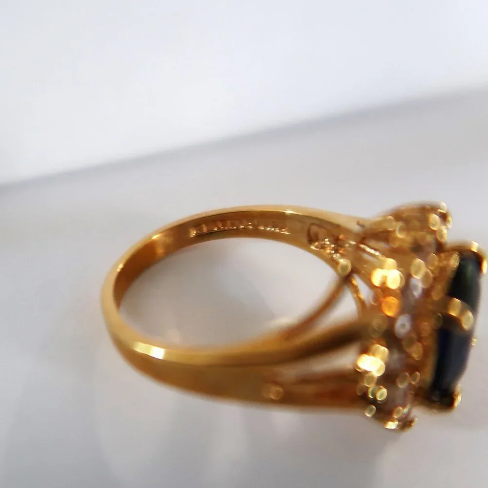 Mens 14K Gold Electroplate Ring Blue Center Stone White Accents Sz 8.75